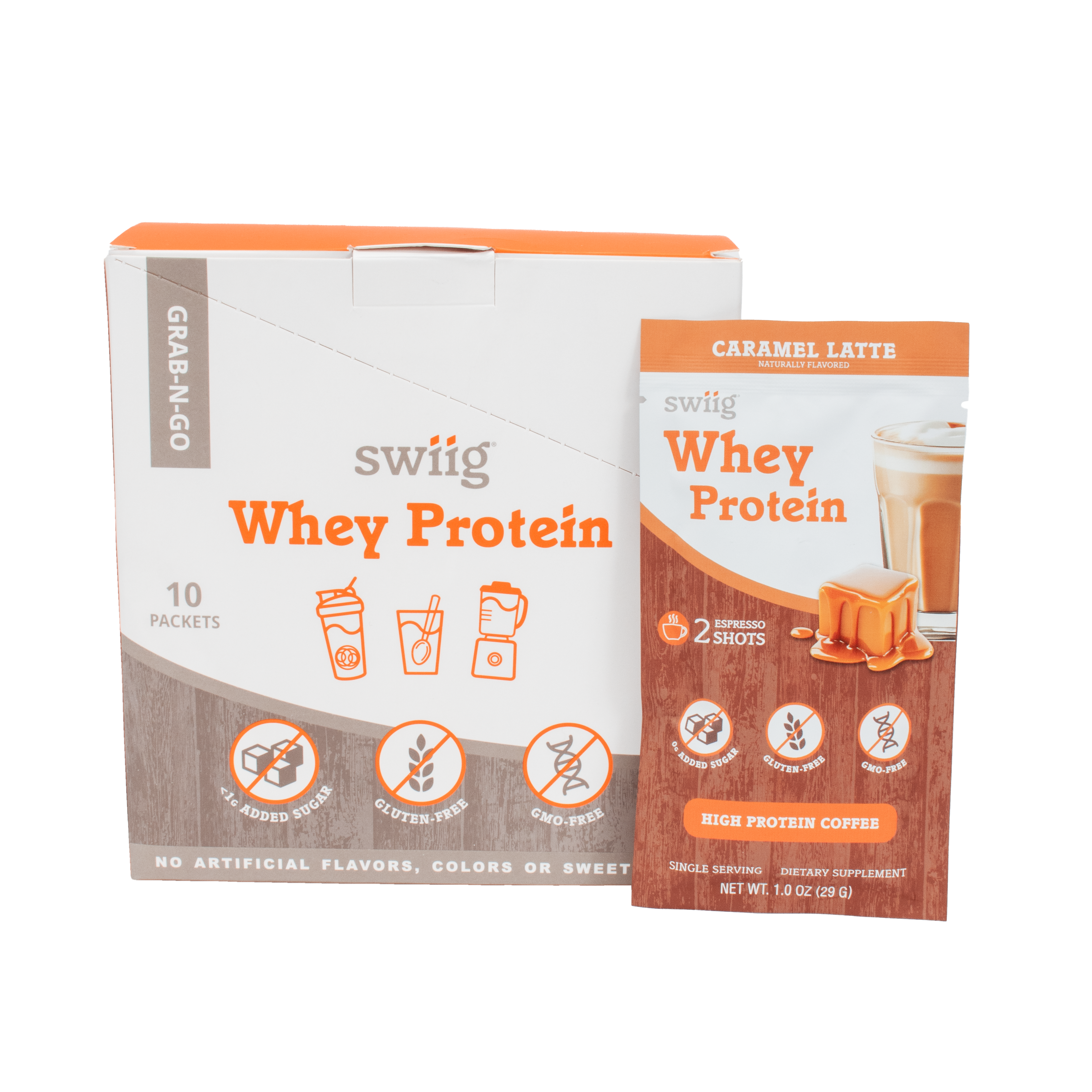 swiig Whey Protein packaging on a white background