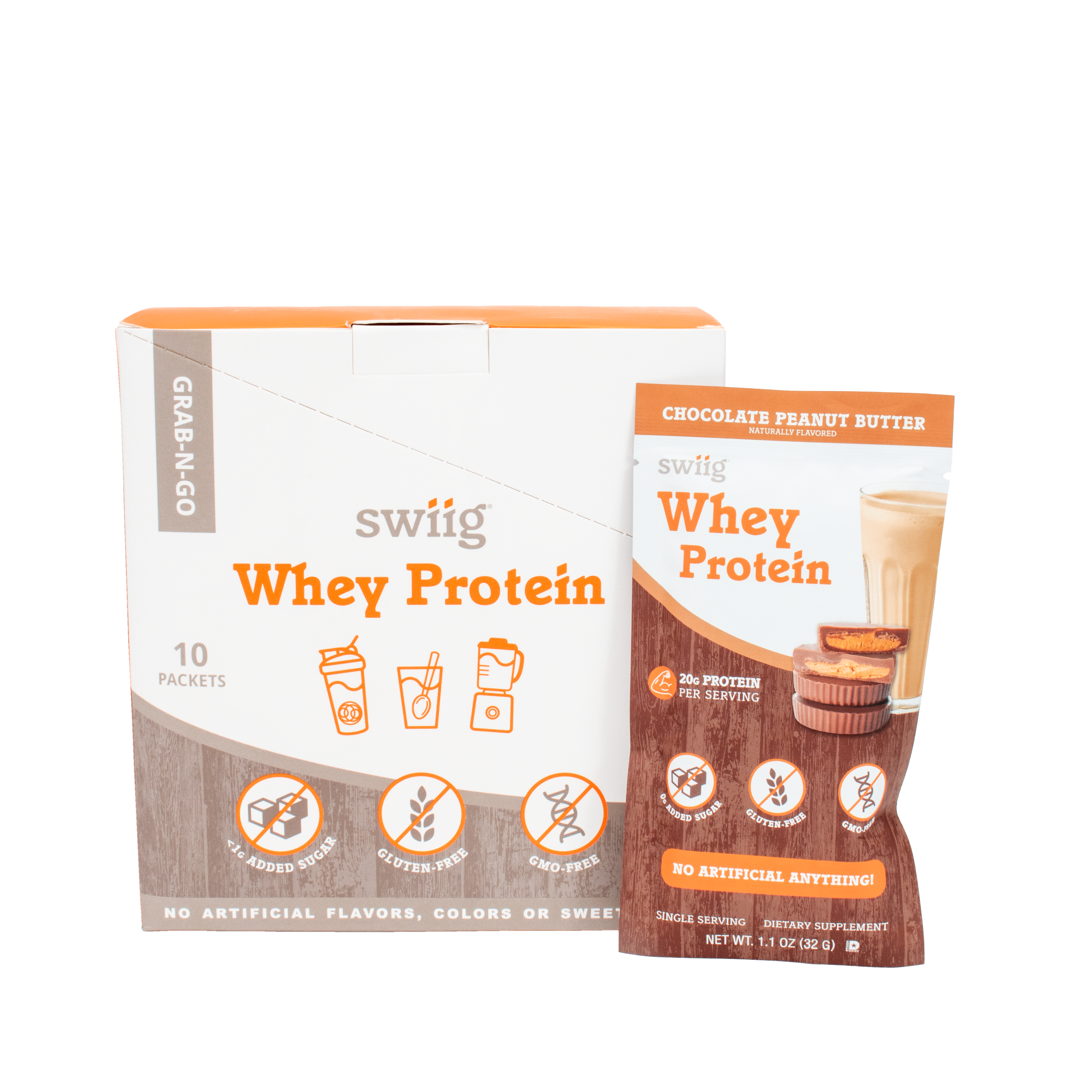 swiig Whey Protein packaging with a box and a single packet on a white background