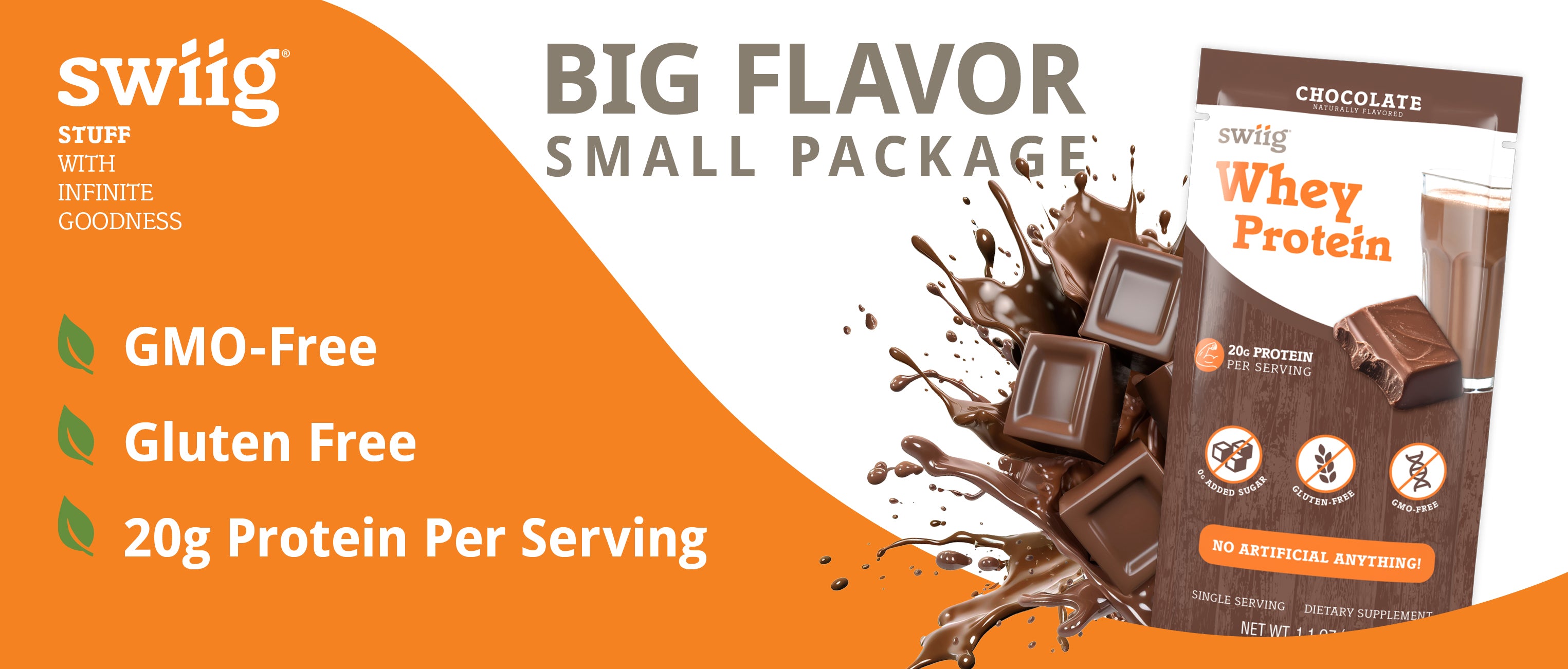 swiig whey protein package with chocolate flavor on an orange and white background