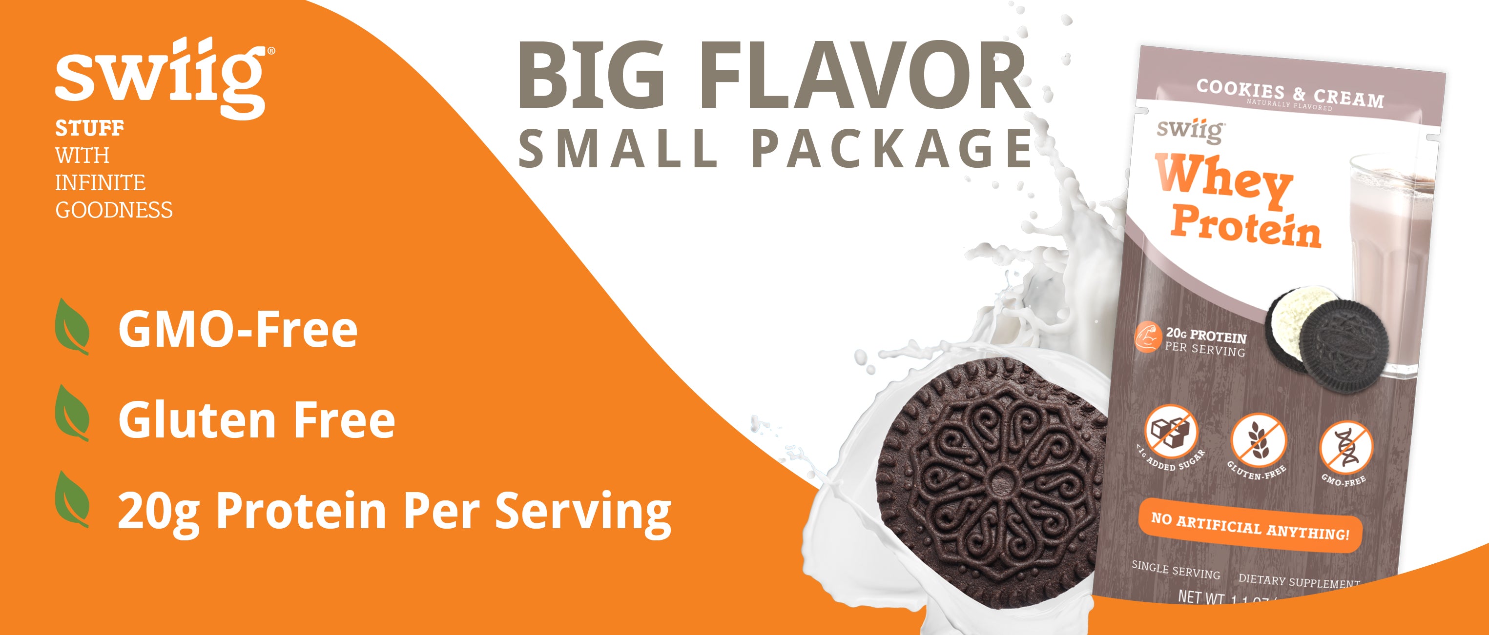 swiig whey protein package with Cookies & Cream flavor on an orange background