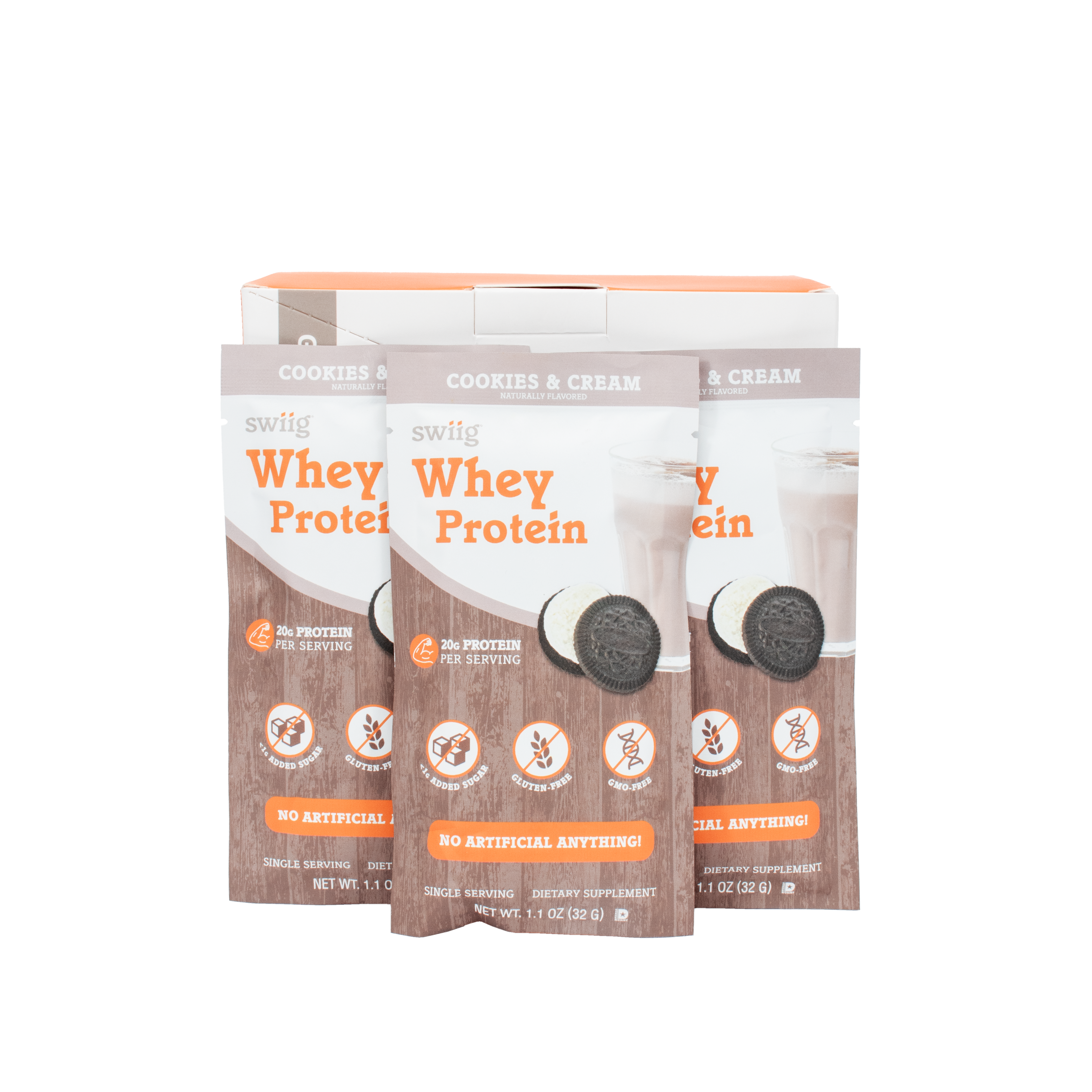 swiig whey protein packages in cookies and cream flavor on a white background