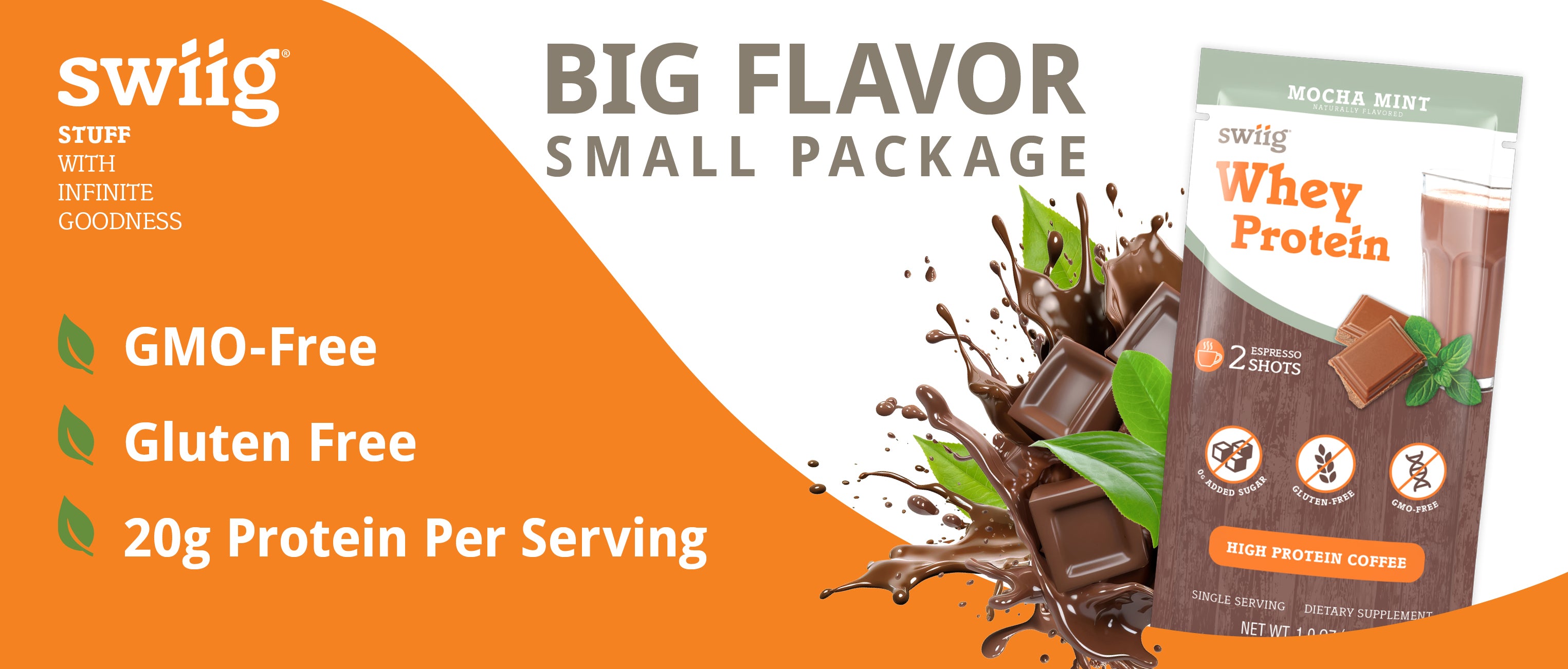 Whey protein package with Mocha Mint flavor on an orange background, featuring text about flavor, package size, and product benefits.