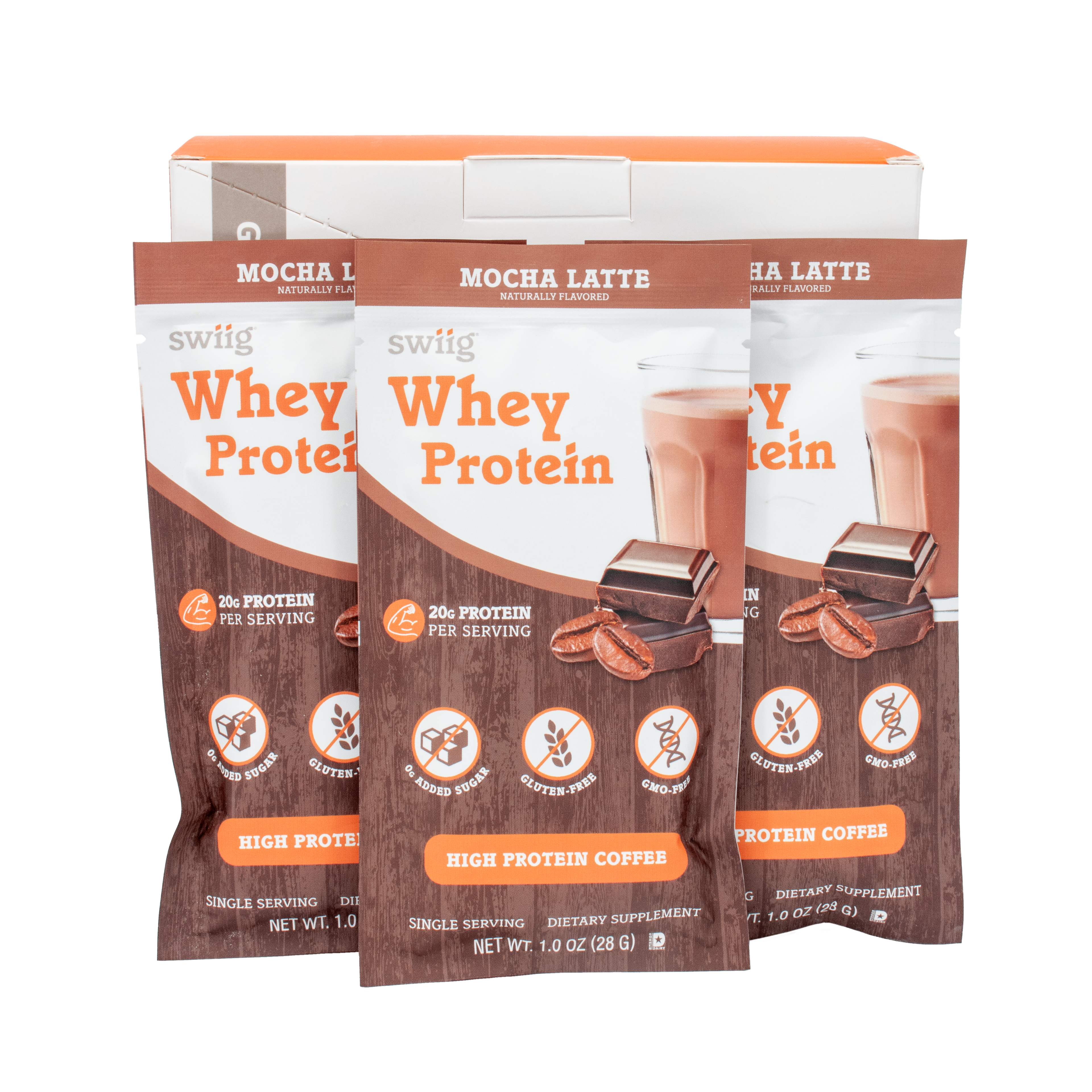 Three packages of swiig whey protein powder with mocha latte flavor on a white background.