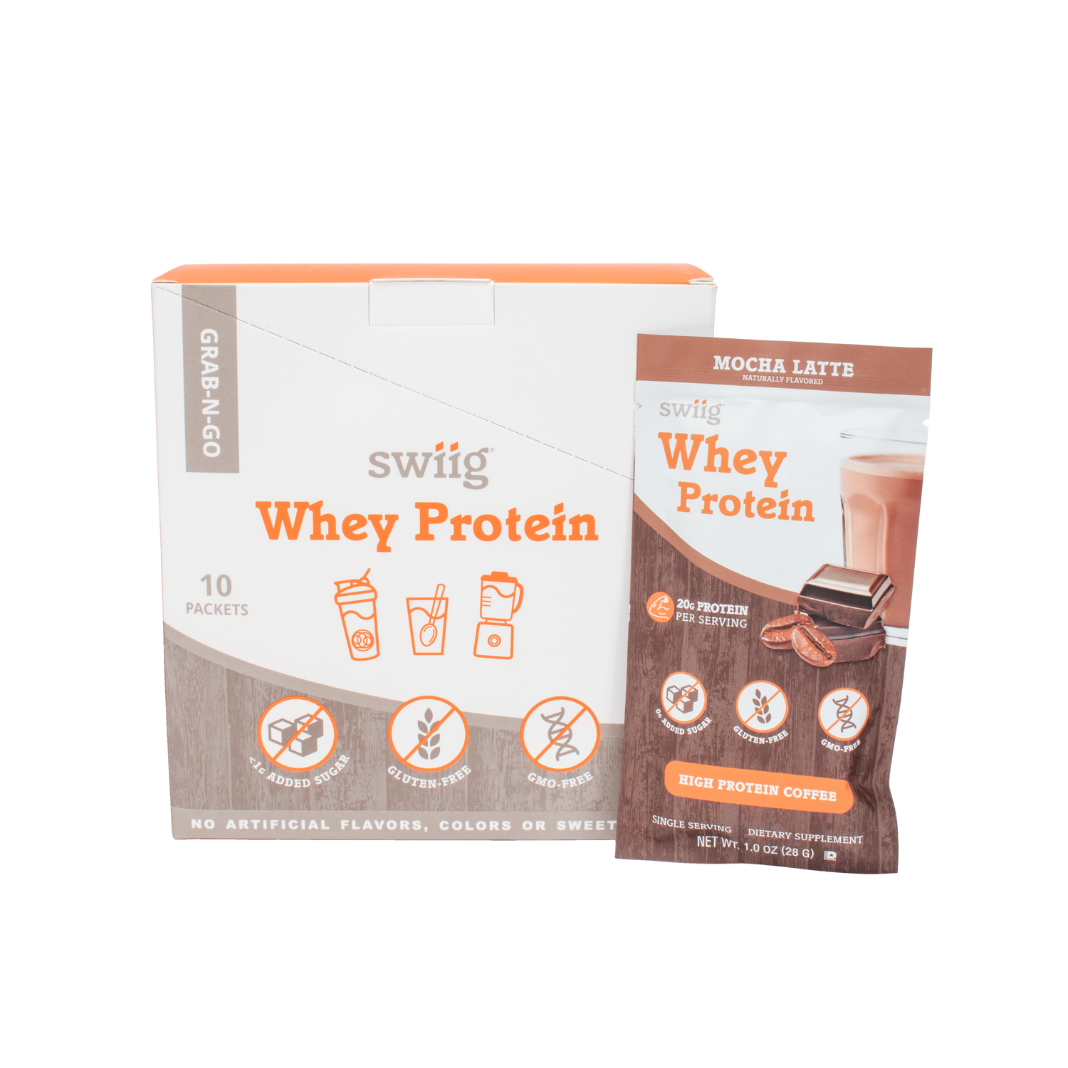 swiig whey protein packaging on a white background
