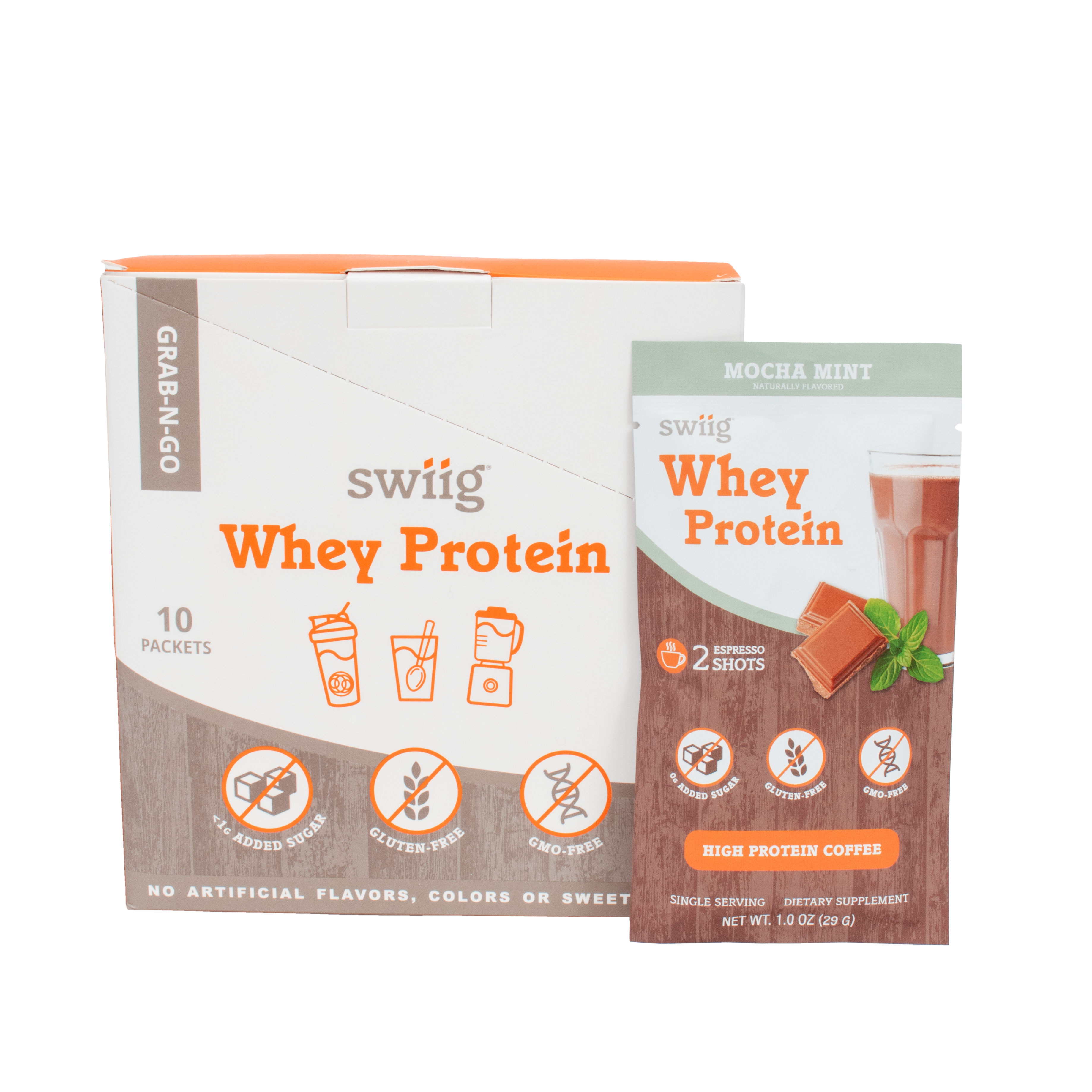 swiig whey protein packaging on a white background
