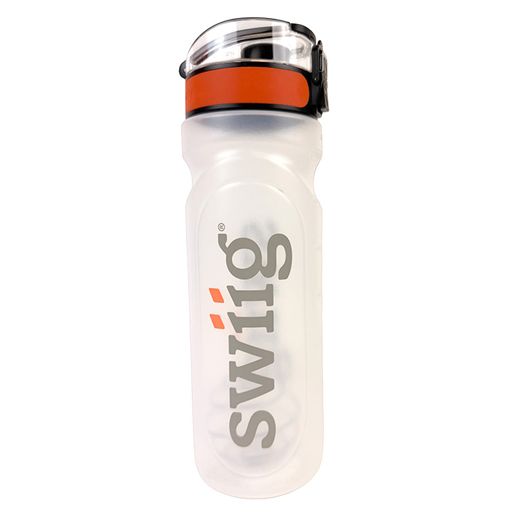 swiig Clear water bottle with orange and black cap on a white background