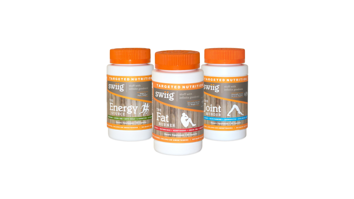 Three bottles of swiig supplements on a white background