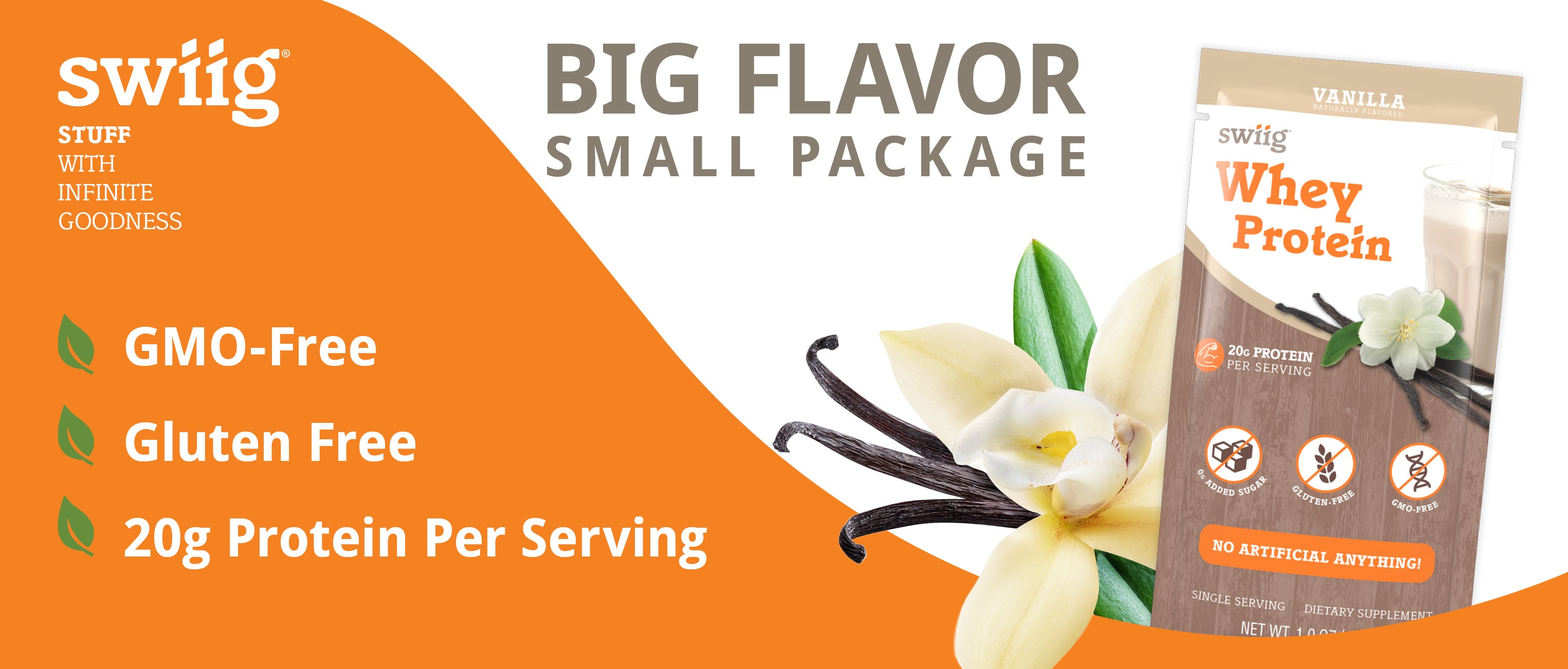 swiig whey protein package with vanilla flavor on an orange and white background