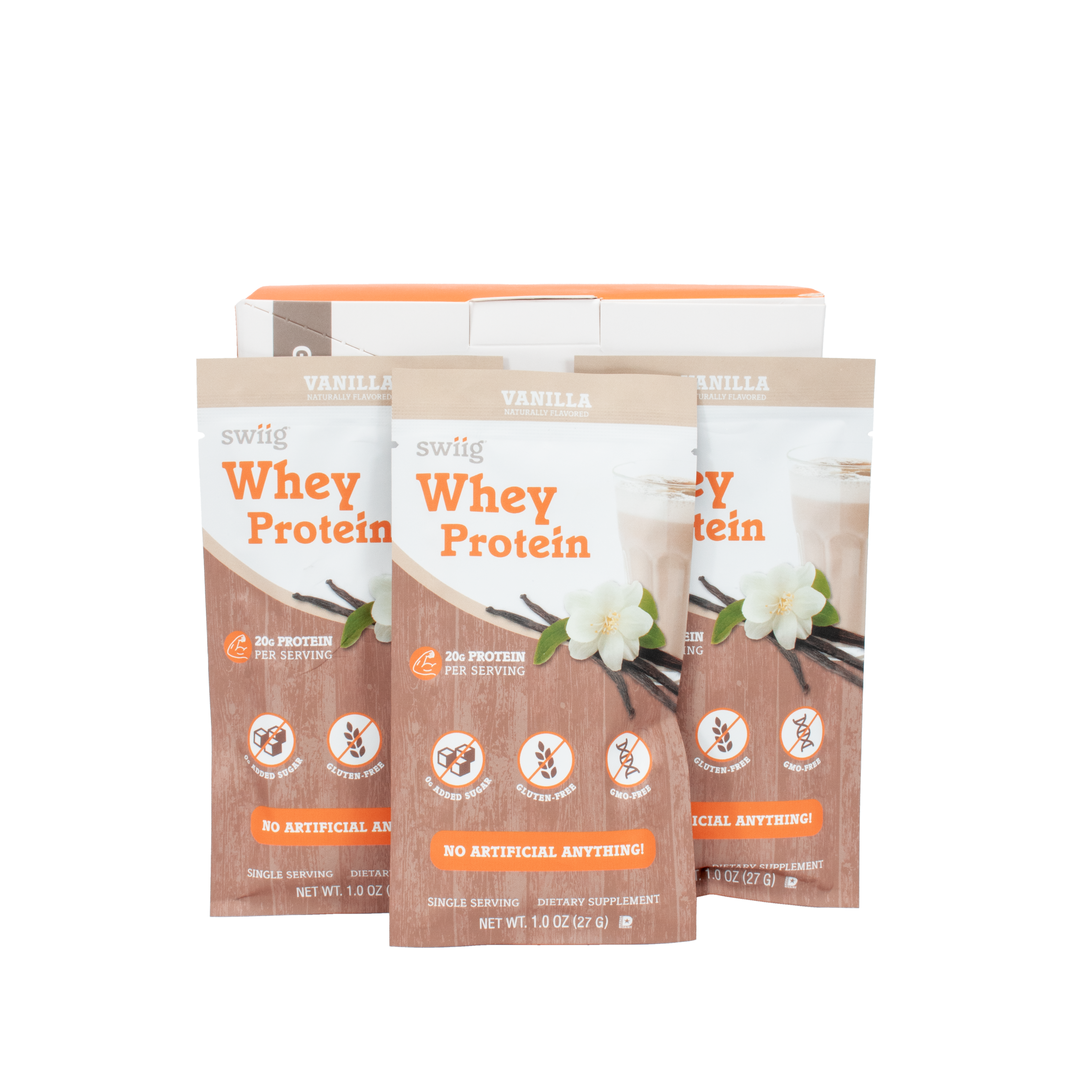 swiig Whey Protein packages on a white background