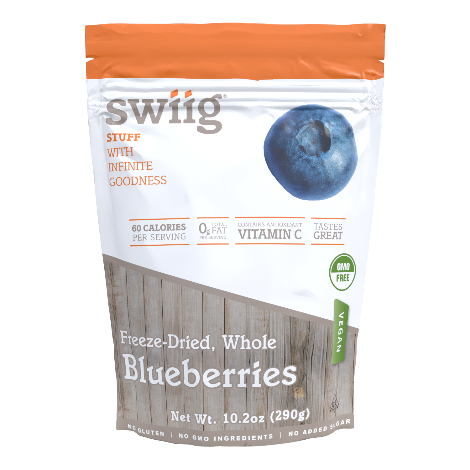 Package of swiig freeze-dried whole blueberries on a white background