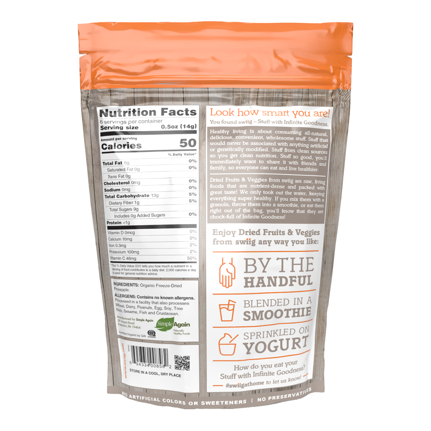 Organic Freeze-Dried Pineapple - 3oz Bag - swiig