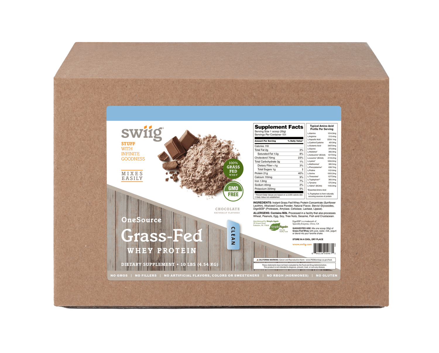 Box of swiig OneSource Grass-Fed Whey Protein with label on a white background