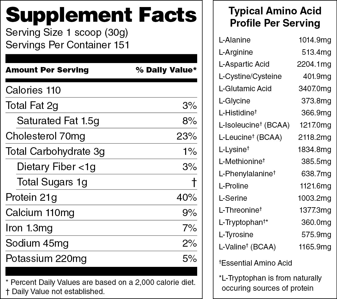 Supplement facts label with detailed nutritional information and amino acid profile.