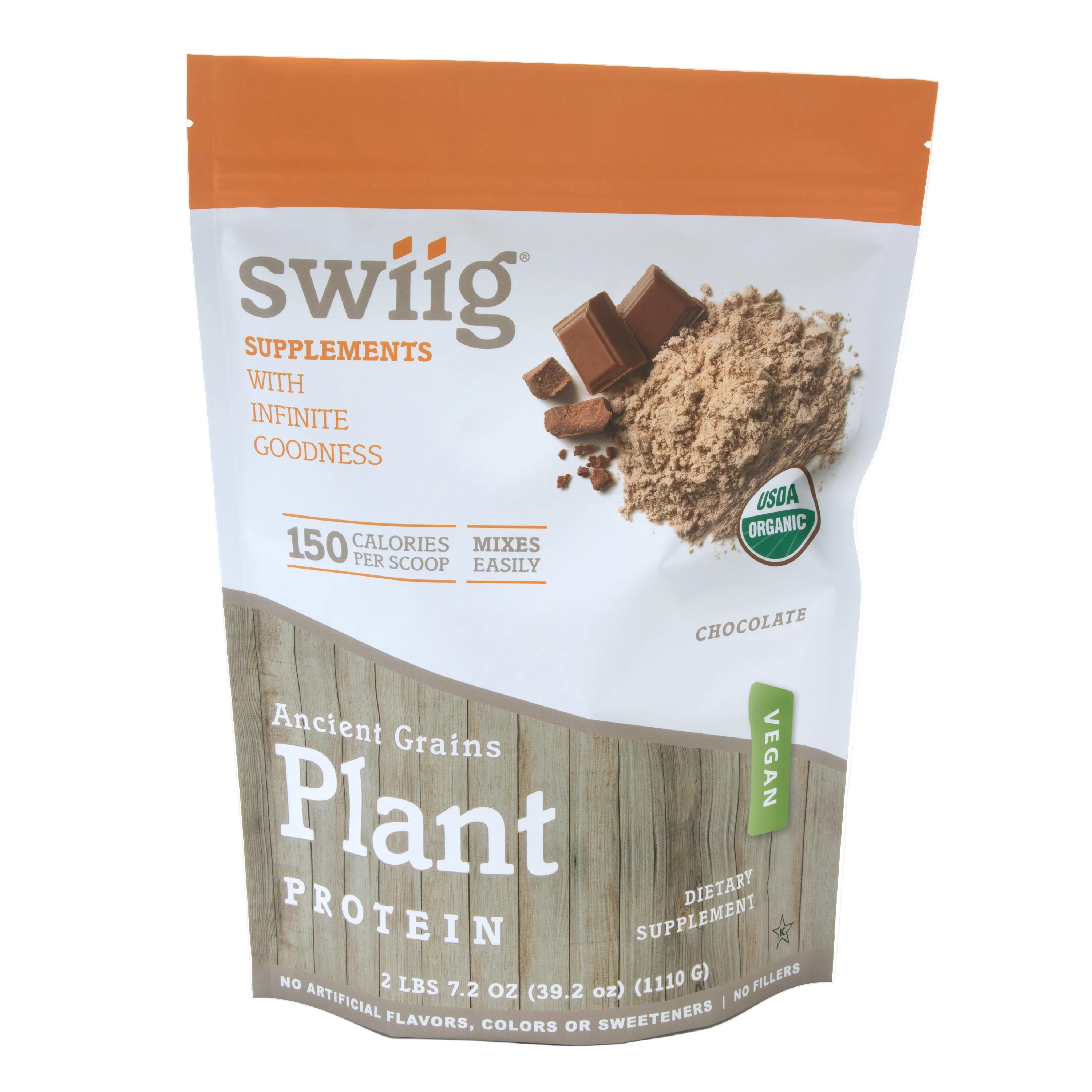 A package of swiig Supplements with the Ancient Grains Plant Protein mix, labeled as organic and dairy-free, with a chocolate flavor theme.