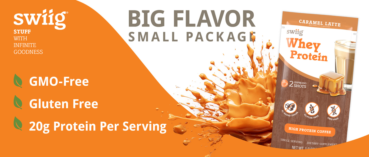 swiig whey protein package with orange background and product details.