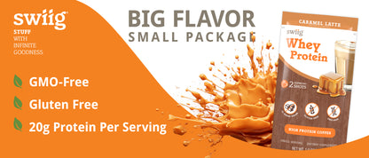 swiig whey protein package with orange background and product details.
