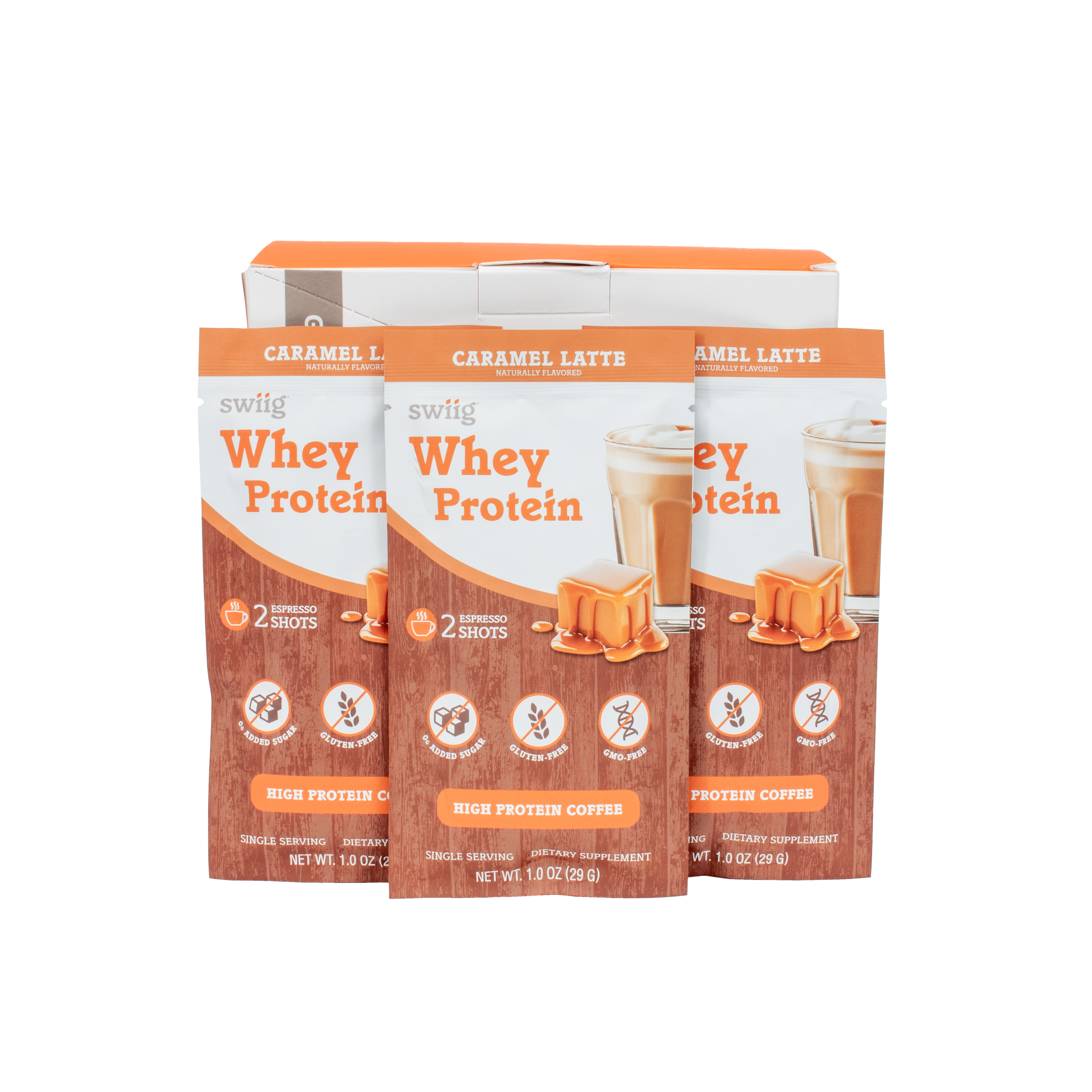 Three packages of swiig Whey Protein Caramel Latte flavor on a white background