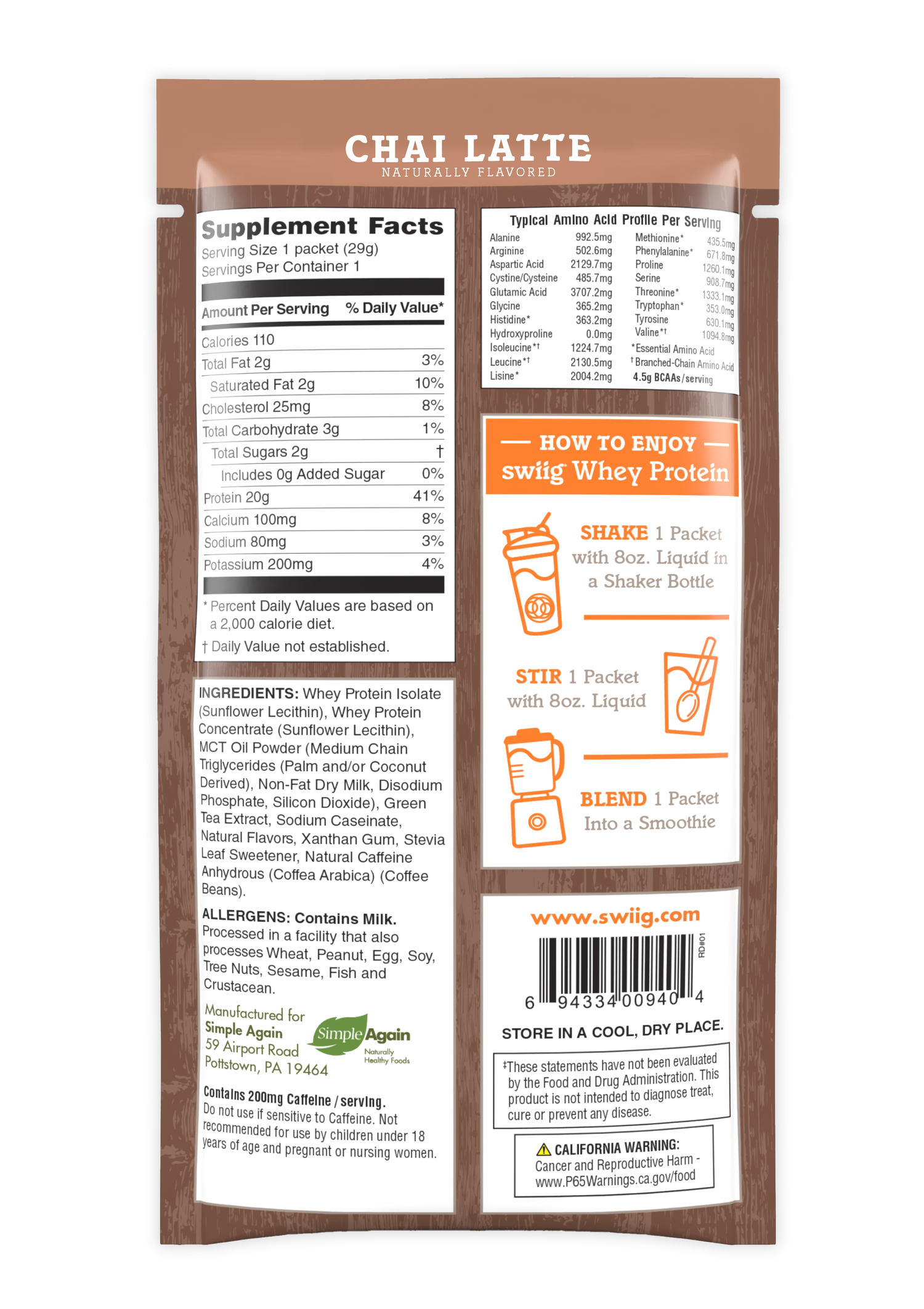 swiig Whey Protein Chai Latte supplement package with text and icons on a white background