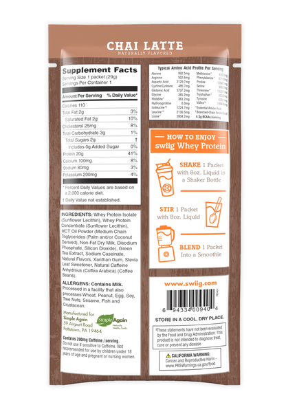 swiig Whey Protein Chai Latte supplement package with text and icons on a white background