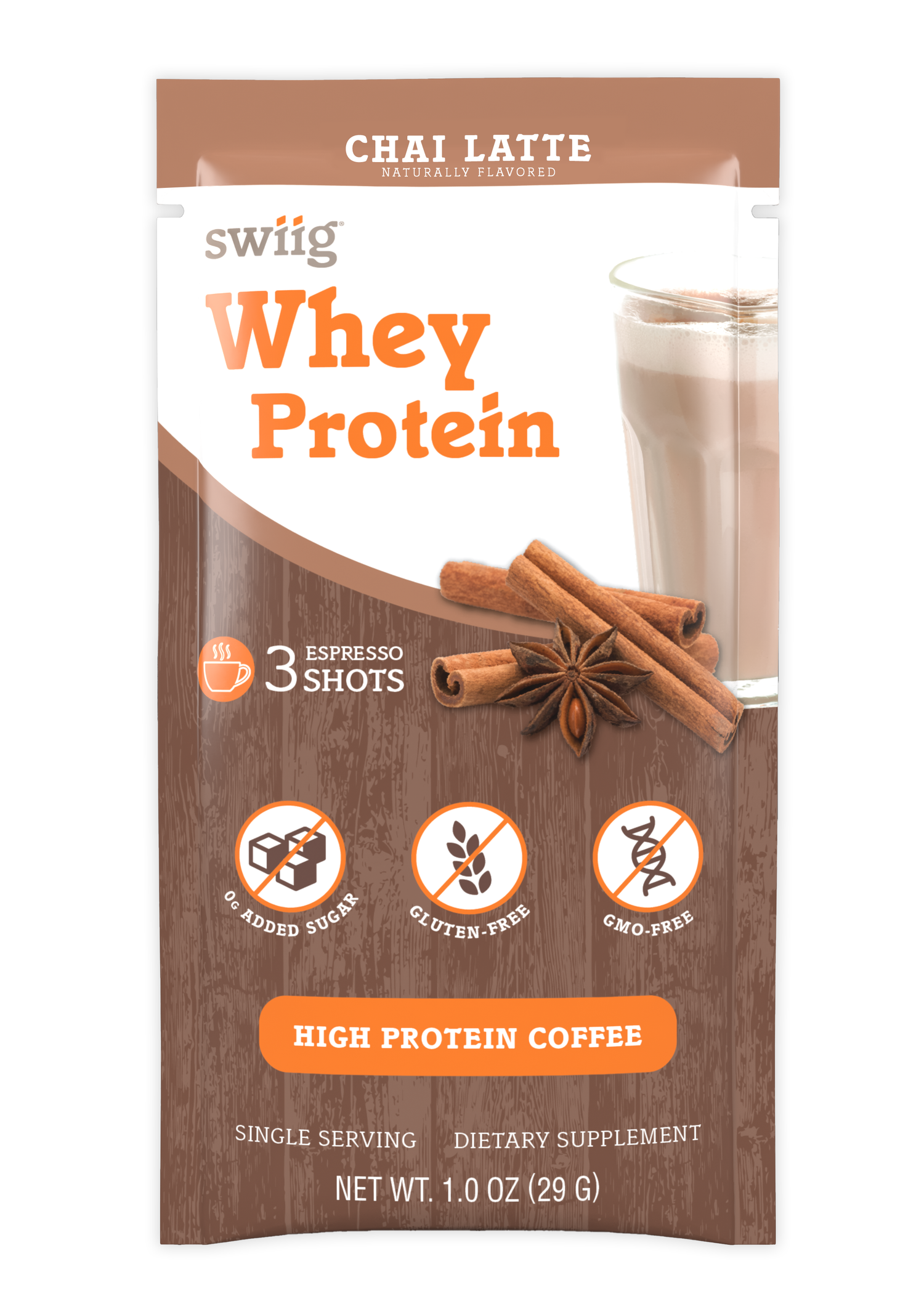 swiig Chai Latte whey protein package with an image of a glass of milk and spices.