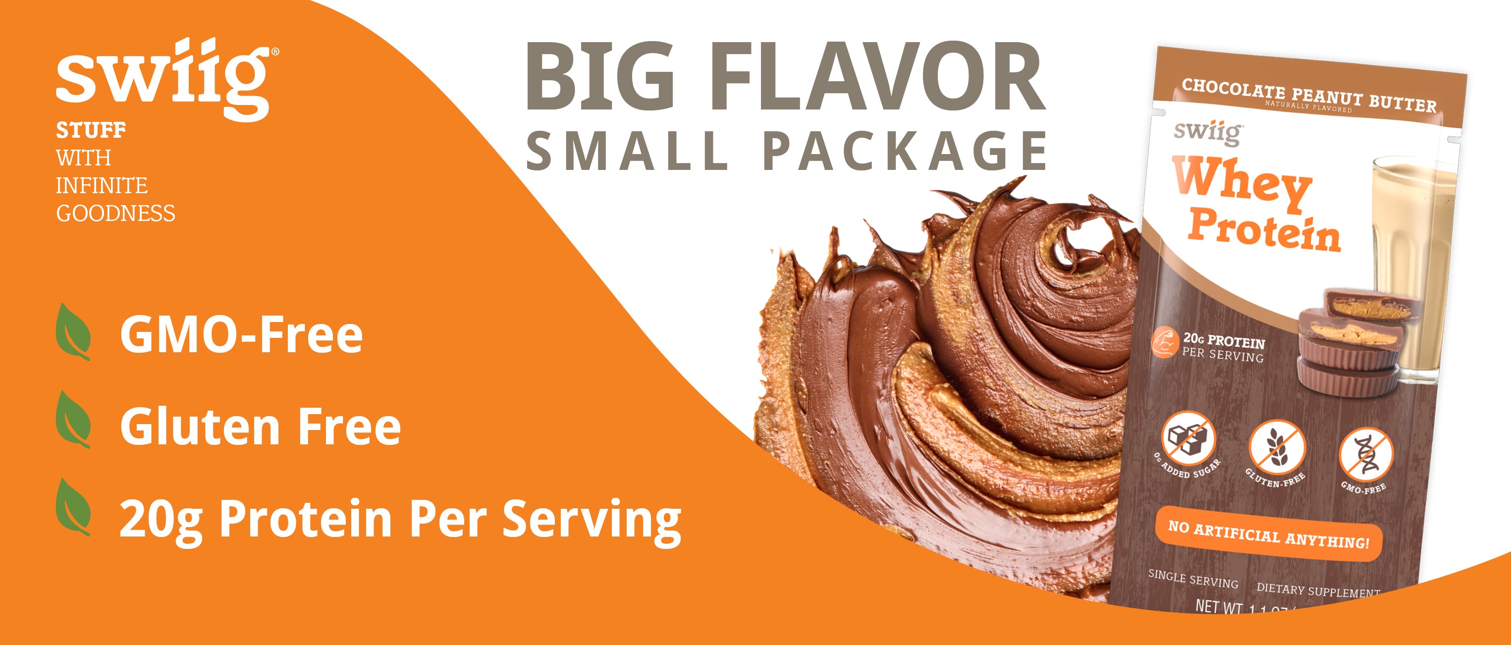 swiig whey protein package with chocolate flavor on an orange background