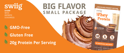 swiig whey protein package with chocolate flavor on an orange background