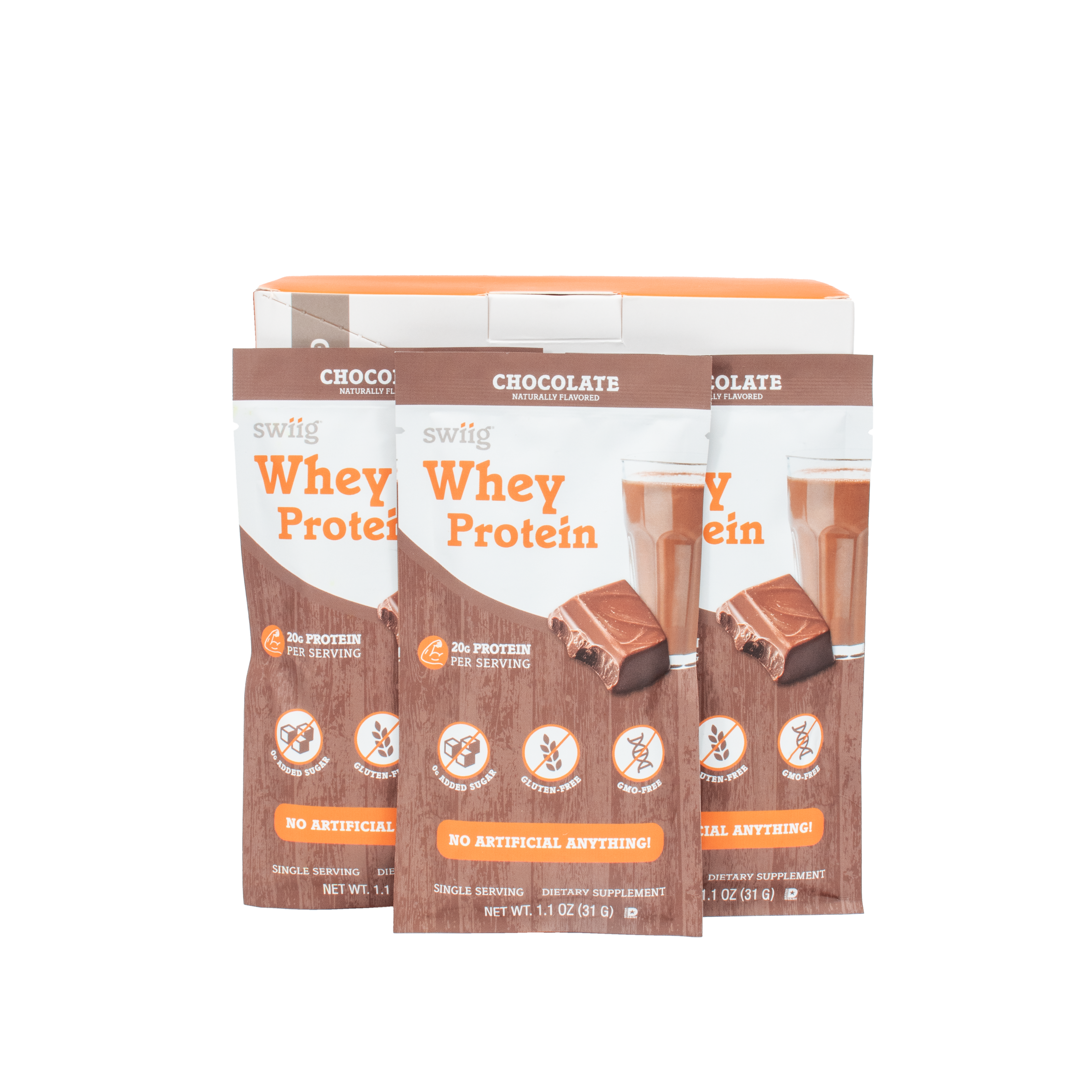 Three packages of chocolate whey protein on a white background