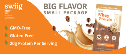swiig whey protein package with coffee flavor on an orange background, featuring text about flavor, package size, and nutritional information.