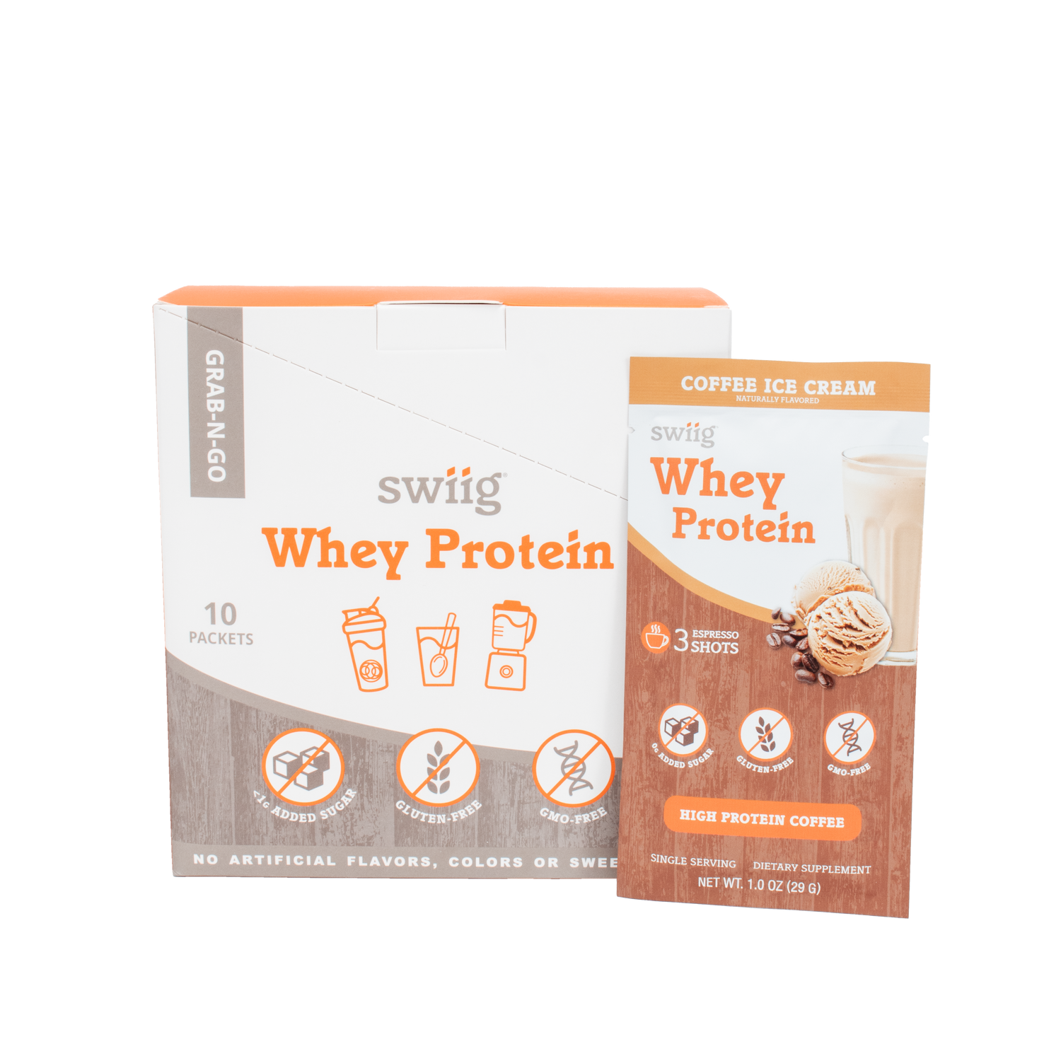 swiig whey protein packaging on a white background