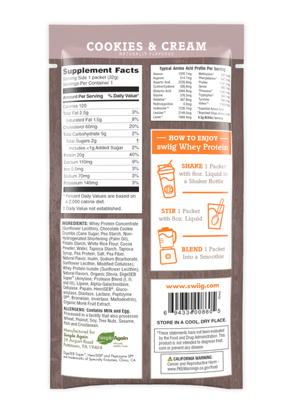 *swiig Single Serve Whey Cookies &amp; Cream 10pk