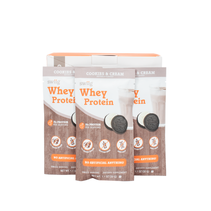 swiig whey protein packages in cookies and cream flavor on a white background