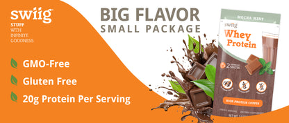 Whey protein package with Mocha Mint  flavor on an orange background, featuring text about flavor, package size, and product benefits.