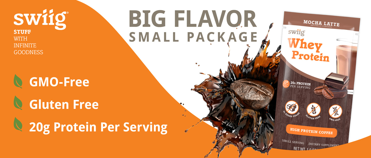 swiig whey protein package with chocolate flavor on an orange background, featuring text about flavor, package size, and product benefits.