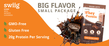 swiig whey protein package with chocolate flavor on an orange background, featuring text about flavor, package size, and product benefits.