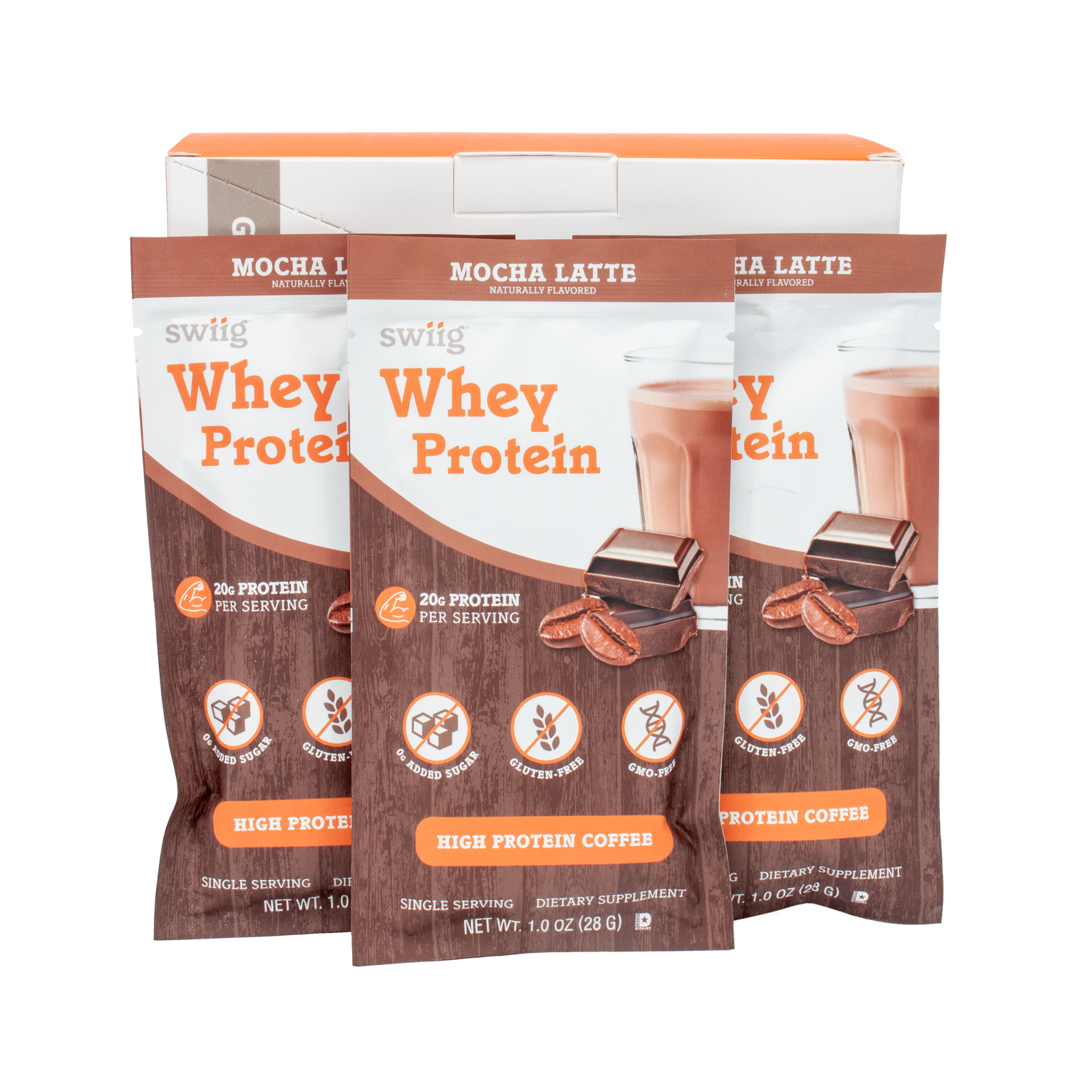 Three packages of swiig whey protein powder with mocha latte flavor on a white background.