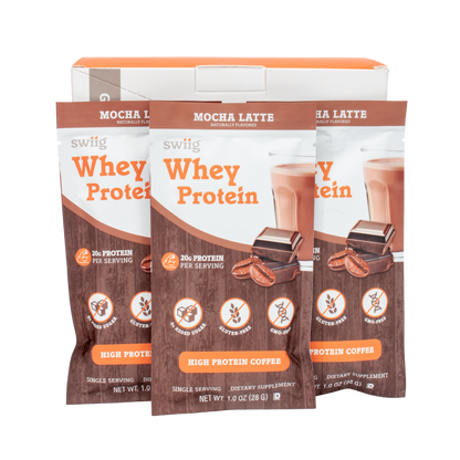 Three packages of swiig whey protein powder with mocha latte flavor on a white background.