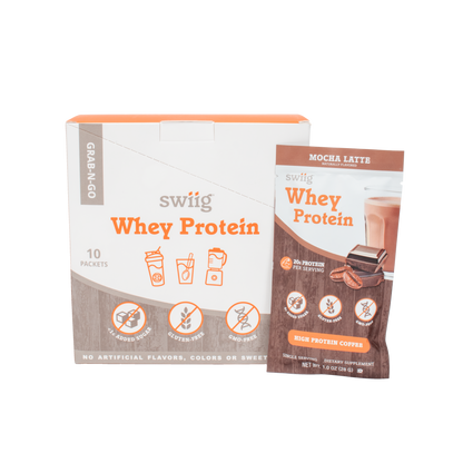 swiig whey protein packaging on a white background