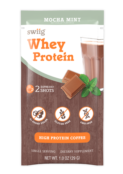 swiig Mocha Mint Whey Protein package with a glass of protein shake and chocolate pieces on a white background