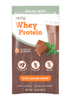 swiig Mocha Mint Whey Protein package with a glass of protein shake and chocolate pieces on a white background