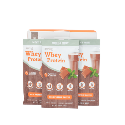 Three packages of swiig Whey Protein on a white background