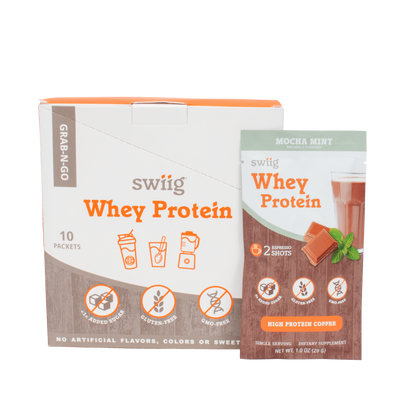 swiig whey protein packaging on a white background