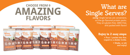 Whey protein powder packages with promotional text on an orange and white background