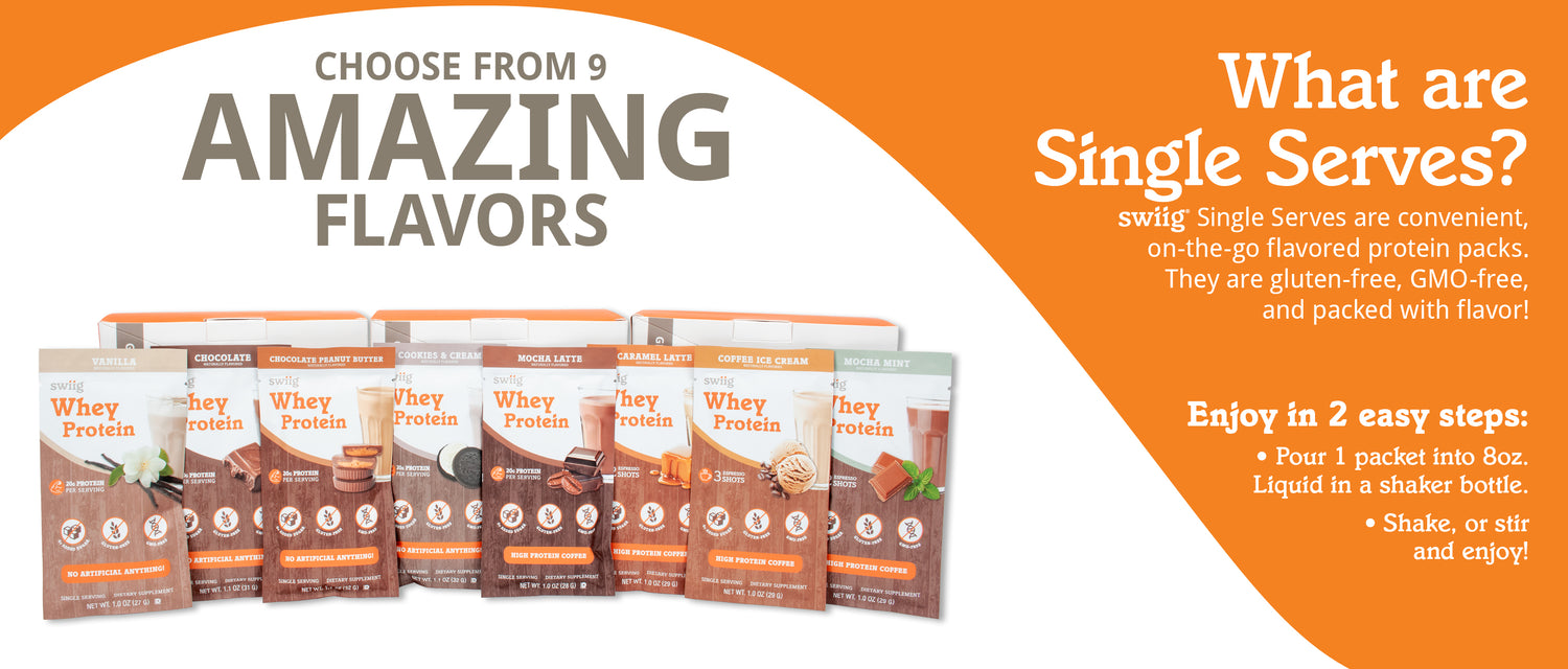 Whey protein powder packages with promotional text on an orange and white background