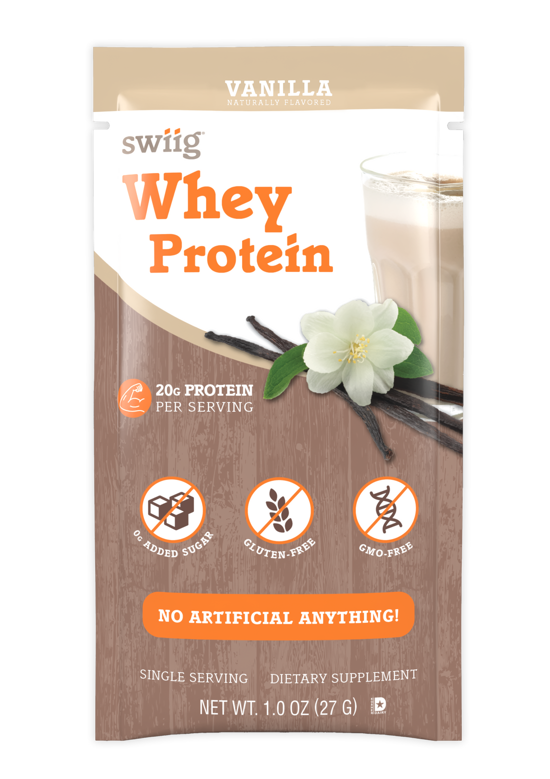 swiig Vanilla Whey Protein package with a glass of protein shake and vanilla flower on a white background