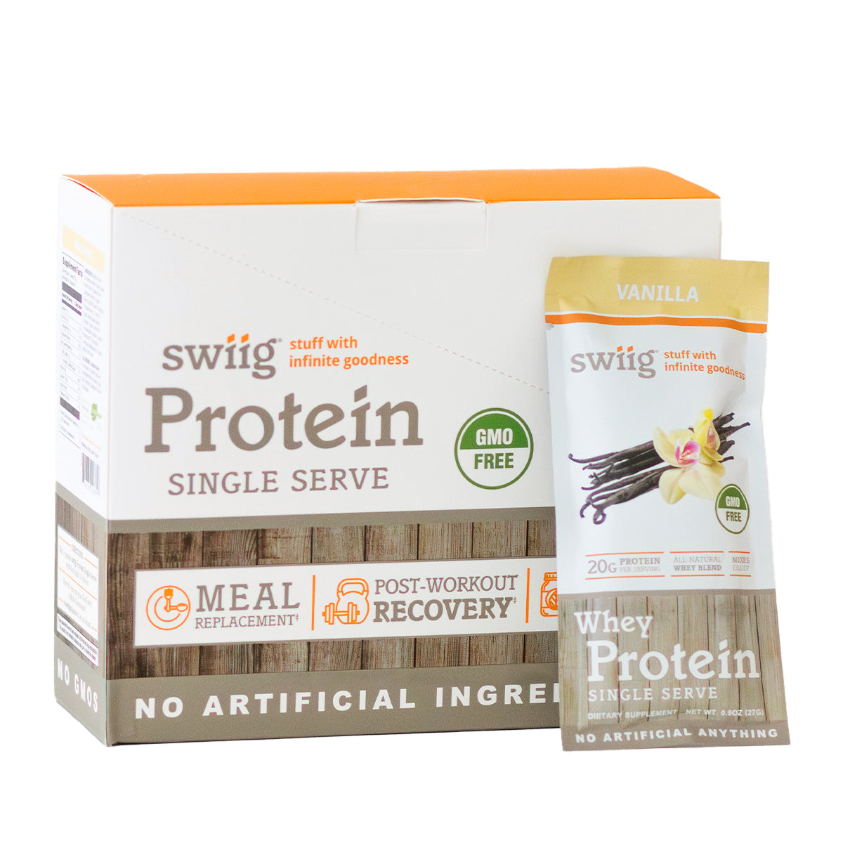 Vanilla whey single serve protein powder