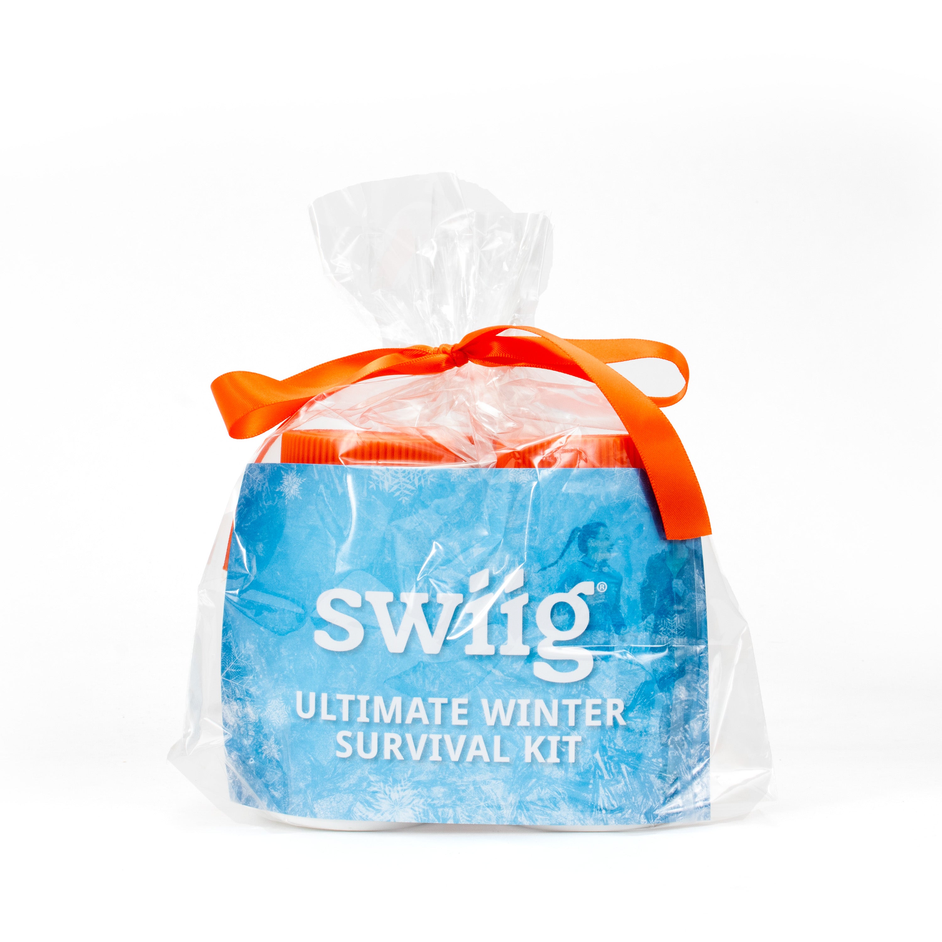 Swig Ultimate Winter Survival Kit in clear packaging with orange ribbon on a white background