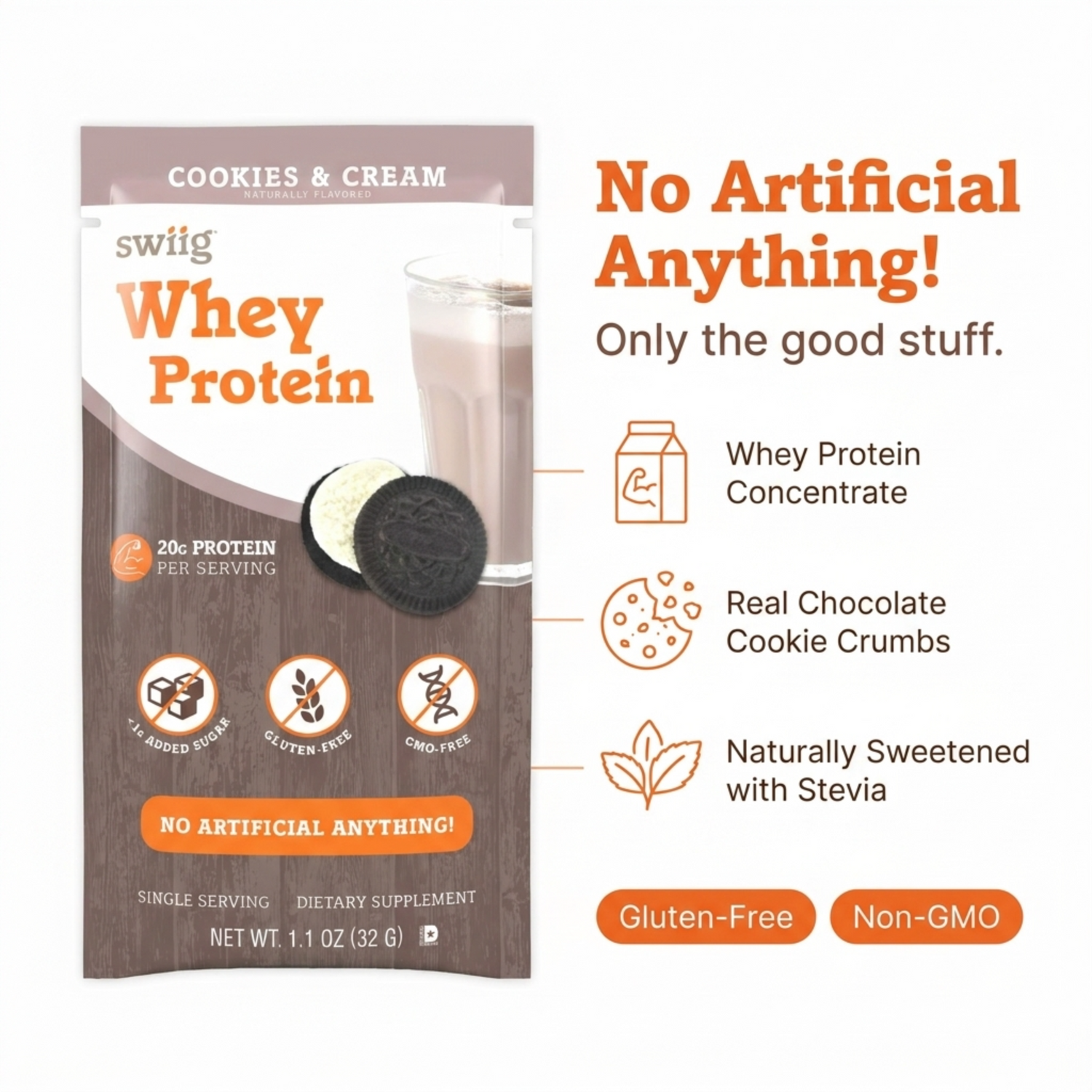 swiig Single Serve Whey Cookies &amp; Cream 10pk - swiig