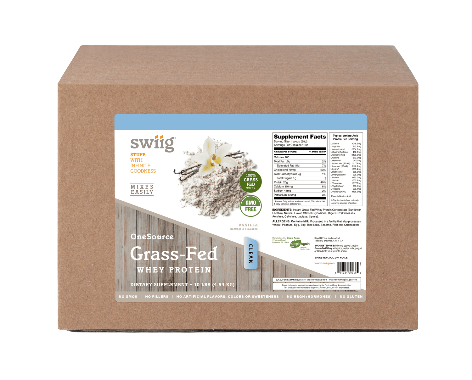 Box of swiig OneSource Grass-Fed Whey Protein with label on a white background