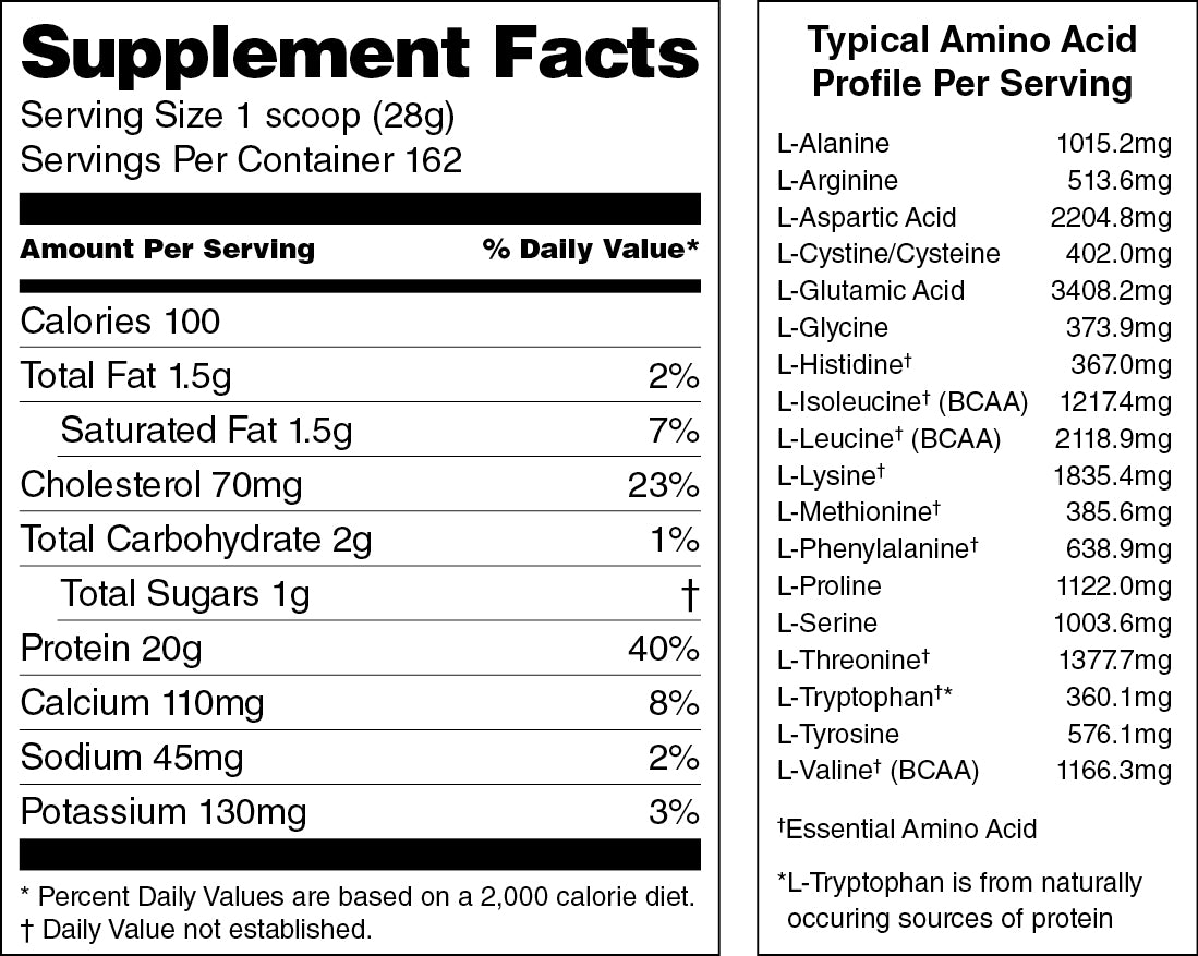 Supplement facts label with amino acid profile on a white background